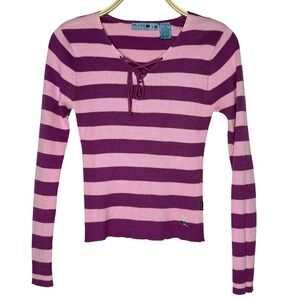 Mudd Purple Pink Striped Knit Sweater‎ Top Long Sleeve Lace Up Junior Y2K